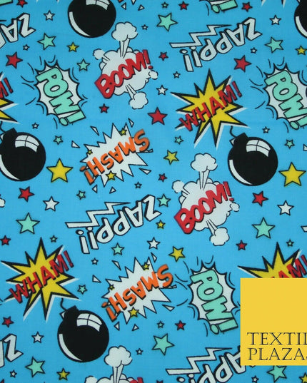 Blue POW ZAPP WHAM Kids Cartoon Comic Book Bomb Printed Polycotton Fabric 44"