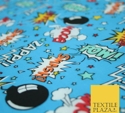 Blue POW ZAPP WHAM Kids Cartoon Comic Book Bomb Printed Polycotton Fabric 44"
