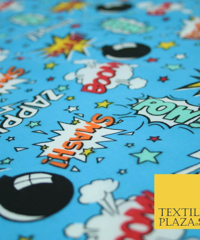 Blue POW ZAPP WHAM Kids Cartoon Comic Book Bomb Printed Polycotton Fabric 44"