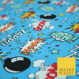 Blue POW ZAPP WHAM Kids Cartoon Comic Book Bomb Printed Polycotton Fabric 44"