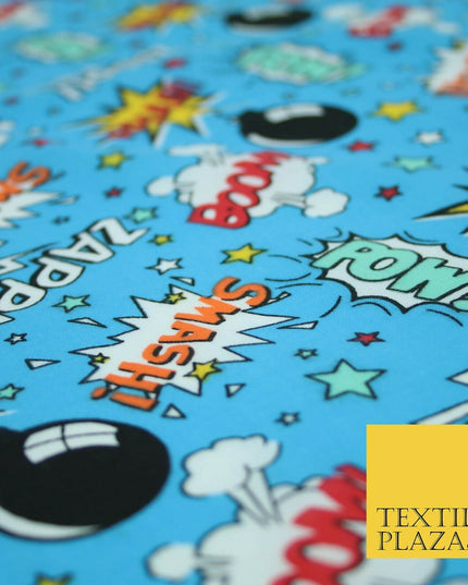 Blue POW ZAPP WHAM Kids Cartoon Comic Book Bomb Printed Polycotton Fabric 44"
