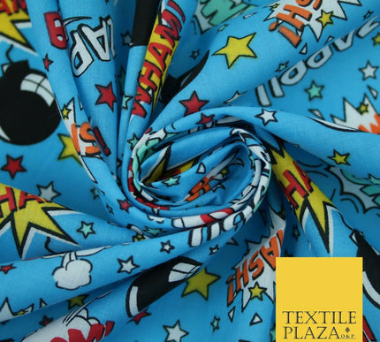 Blue POW ZAPP WHAM Kids Cartoon Comic Book Bomb Printed Polycotton Fabric 44"