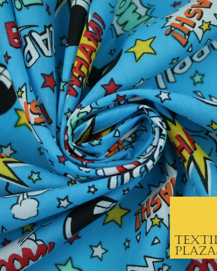 Blue POW ZAPP WHAM Kids Cartoon Comic Book Bomb Printed Polycotton Fabric 44"