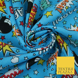 Blue POW ZAPP WHAM Kids Cartoon Comic Book Bomb Printed Polycotton Fabric 44"