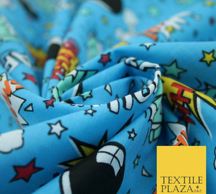 Blue POW ZAPP WHAM Kids Cartoon Comic Book Bomb Printed Polycotton Fabric 44"
