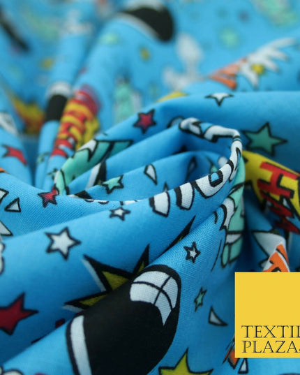 Blue POW ZAPP WHAM Kids Cartoon Comic Book Bomb Printed Polycotton Fabric 44"