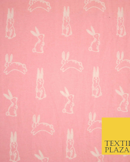 Pink Jumping Cute Bunny Rabbits Winceyette Soft Brushed Cotton Print Fabric 3981