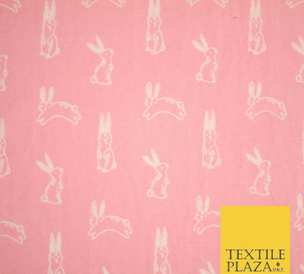 Pink Jumping Cute Bunny Rabbits Winceyette Soft Brushed Cotton Print Fabric 3981