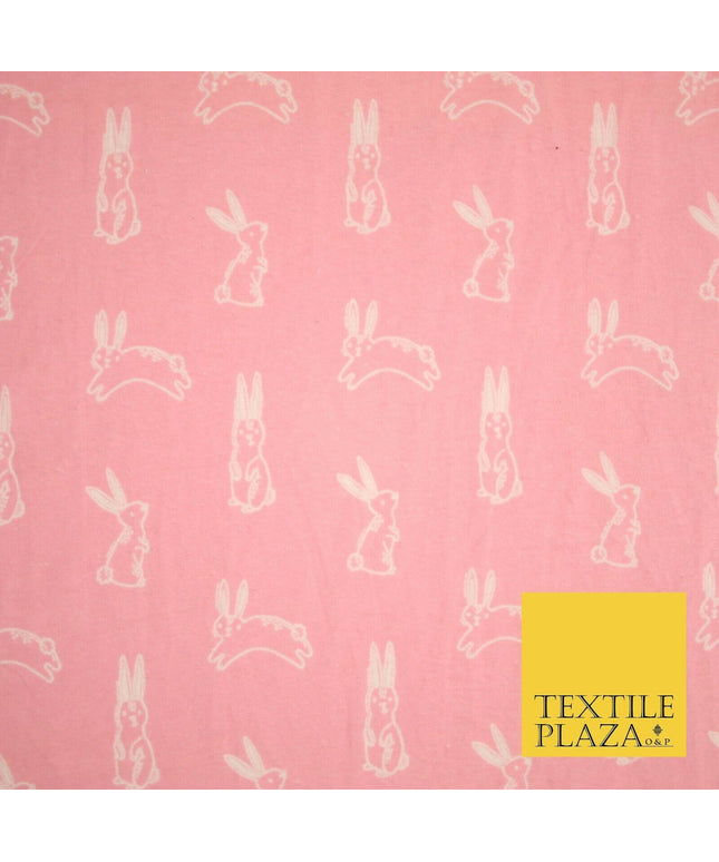 Pink Jumping Cute Bunny Rabbits Winceyette Soft Brushed Cotton Print Fabric 3981