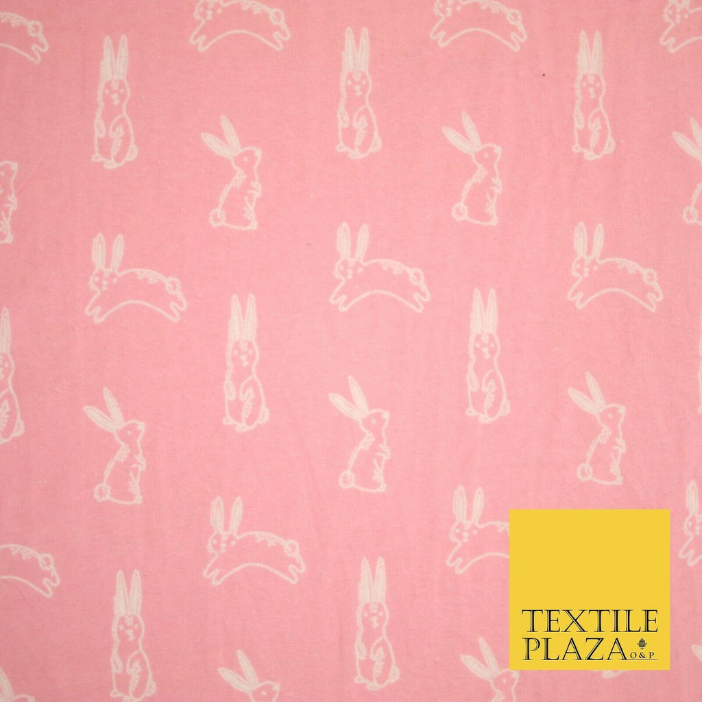 Pink Jumping Cute Bunny Rabbits Winceyette Soft Brushed Cotton Print Fabric 3981