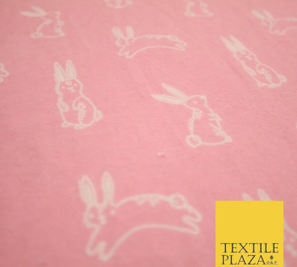 Pink Jumping Cute Bunny Rabbits Winceyette Soft Brushed Cotton Print Fabric 3981