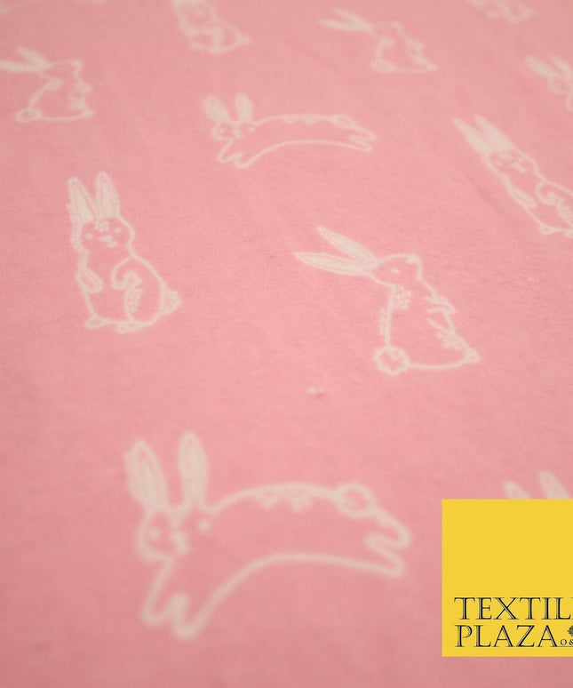 Pink Jumping Cute Bunny Rabbits Winceyette Soft Brushed Cotton Print Fabric 3981
