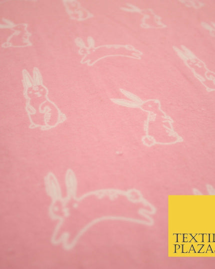 Pink Jumping Cute Bunny Rabbits Winceyette Soft Brushed Cotton Print Fabric 3981