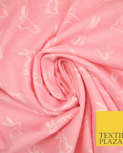 Pink Jumping Cute Bunny Rabbits Winceyette Soft Brushed Cotton Print Fabric 3981