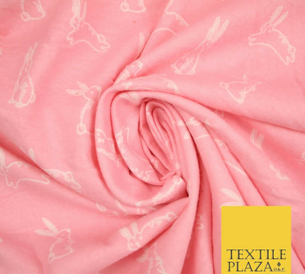 Pink Jumping Cute Bunny Rabbits Winceyette Soft Brushed Cotton Print Fabric 3981