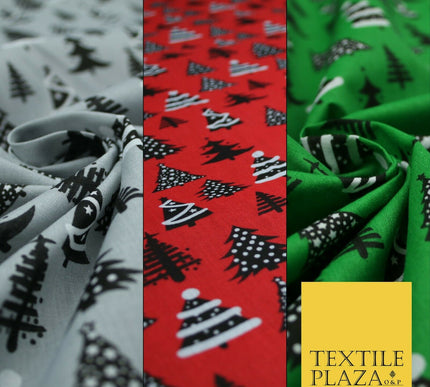 Festive Black & White Christmas Trees Printed Poly Cotton Fabric Polycotton 45"