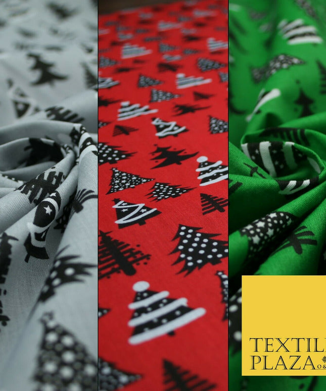 Festive Black & White Christmas Trees Printed Poly Cotton Fabric Polycotton 45"