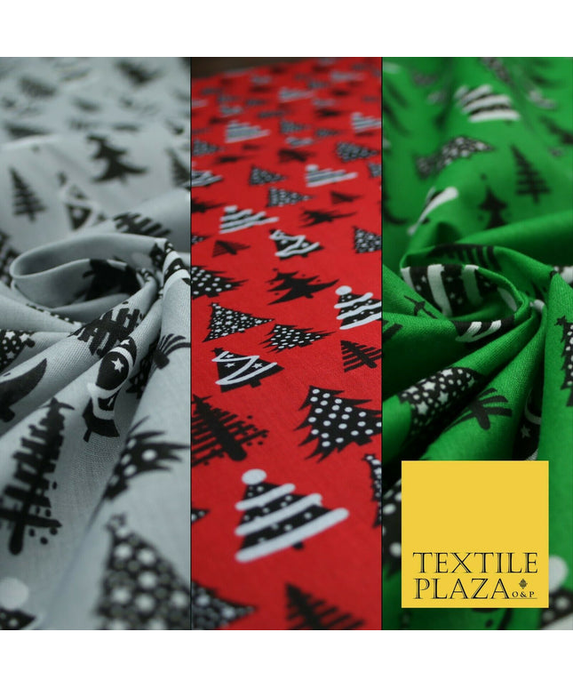 Festive Black & White Christmas Trees Printed Poly Cotton Fabric Polycotton 45"