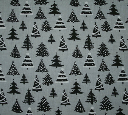 Festive Black & White Christmas Trees Printed Poly Cotton Fabric Polycotton 45"