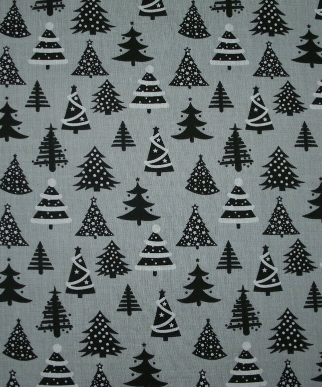 Festive Black & White Christmas Trees Printed Poly Cotton Fabric Polycotton 45"
