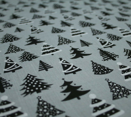 Festive Black & White Christmas Trees Printed Poly Cotton Fabric Polycotton 45"