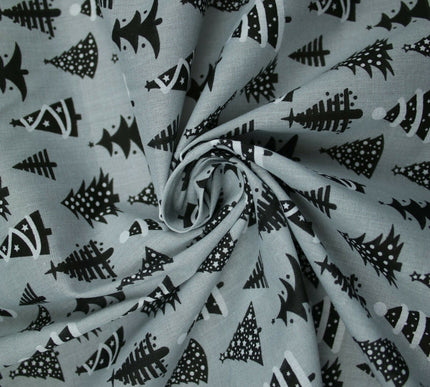 Festive Black & White Christmas Trees Printed Poly Cotton Fabric Polycotton 45"