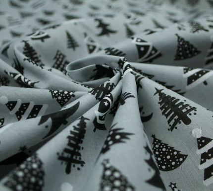 Festive Black & White Christmas Trees Printed Poly Cotton Fabric Polycotton 45"