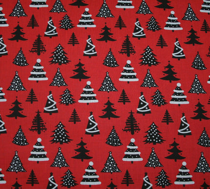 Festive Black & White Christmas Trees Printed Poly Cotton Fabric Polycotton 45"