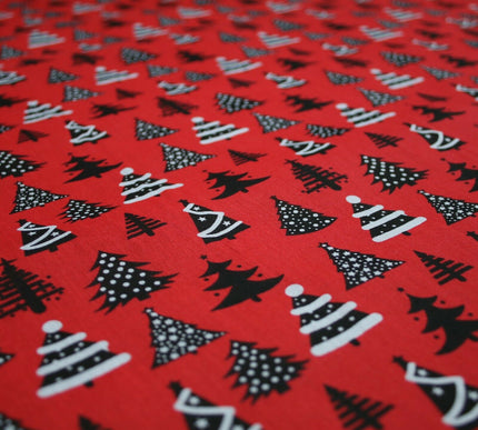 Festive Black & White Christmas Trees Printed Poly Cotton Fabric Polycotton 45"
