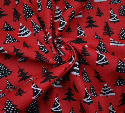 Festive Black & White Christmas Trees Printed Poly Cotton Fabric Polycotton 45"
