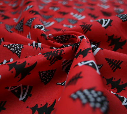 Festive Black & White Christmas Trees Printed Poly Cotton Fabric Polycotton 45"