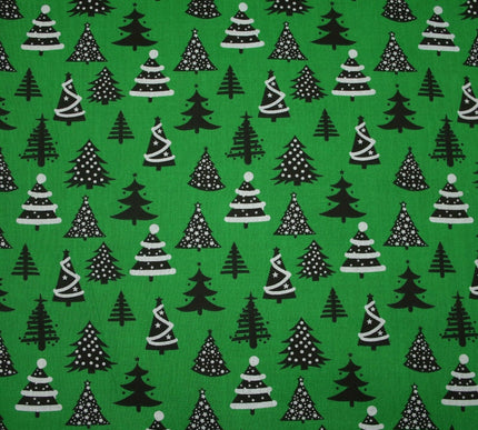 Festive Black & White Christmas Trees Printed Poly Cotton Fabric Polycotton 45"