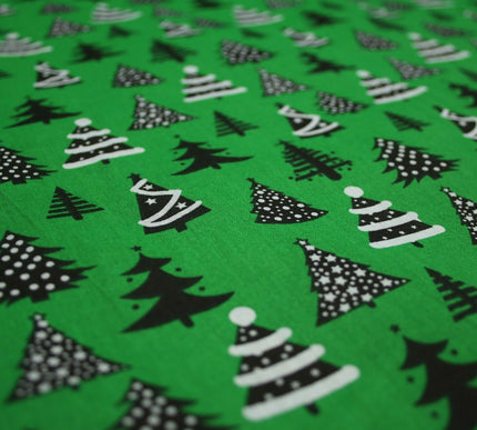 Festive Black & White Christmas Trees Printed Poly Cotton Fabric Polycotton 45"