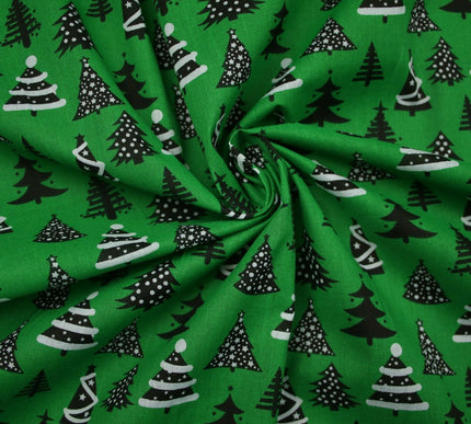 Festive Black & White Christmas Trees Printed Poly Cotton Fabric Polycotton 45"