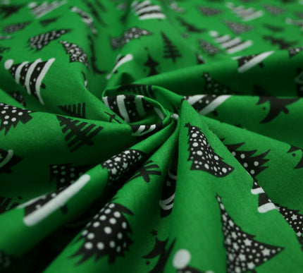 Festive Black & White Christmas Trees Printed Poly Cotton Fabric Polycotton 45"