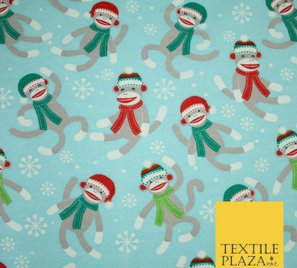 Blue Christmas Festive Monkey Winceyette Soft Brushed Cotton Print Fabric 3960