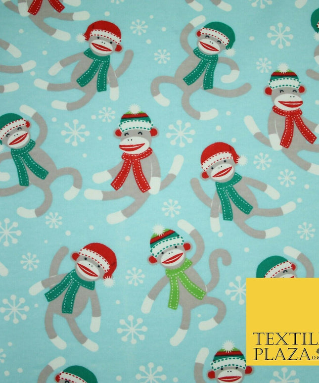 Blue Christmas Festive Monkey Winceyette Soft Brushed Cotton Print Fabric 3960