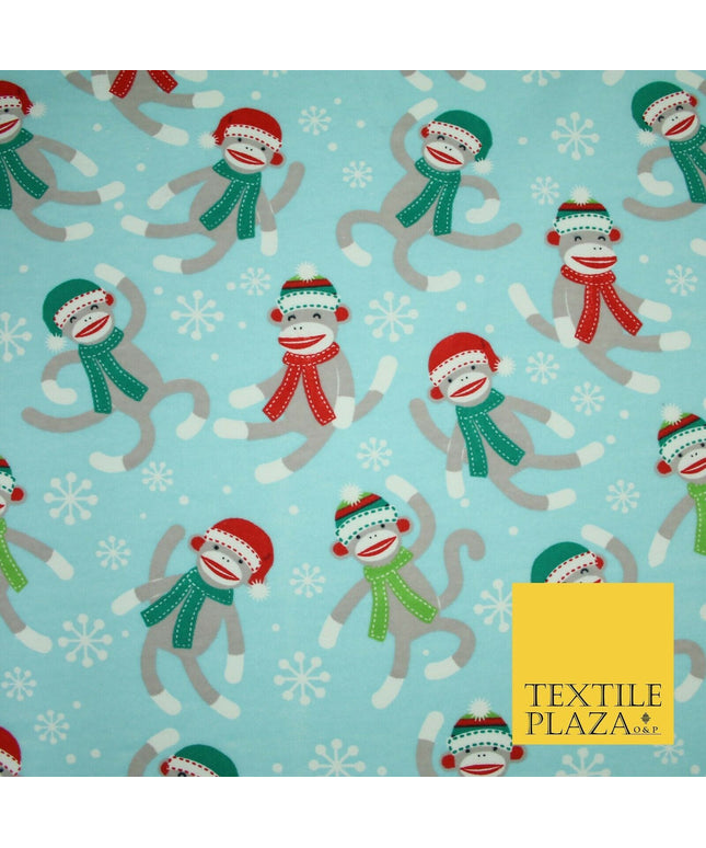 Blue Christmas Festive Monkey Winceyette Soft Brushed Cotton Print Fabric 3960