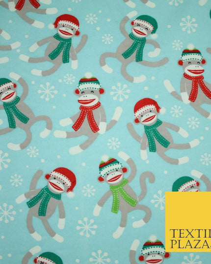 Blue Christmas Festive Monkey Winceyette Soft Brushed Cotton Print Fabric 3960