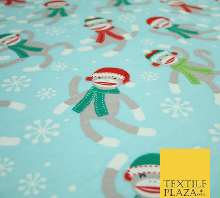 Blue Christmas Festive Monkey Winceyette Soft Brushed Cotton Print Fabric 3960