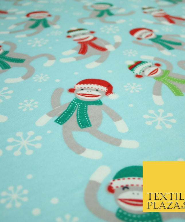 Blue Christmas Festive Monkey Winceyette Soft Brushed Cotton Print Fabric 3960