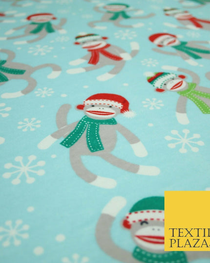Blue Christmas Festive Monkey Winceyette Soft Brushed Cotton Print Fabric 3960
