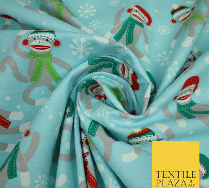 Blue Christmas Festive Monkey Winceyette Soft Brushed Cotton Print Fabric 3960