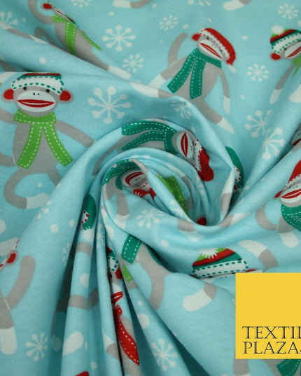 Blue Christmas Festive Monkey Winceyette Soft Brushed Cotton Print Fabric 3960