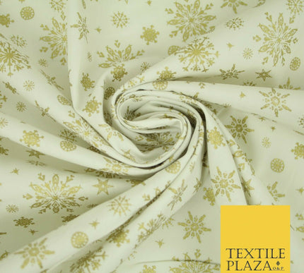 Ivory Cream Gold Metallic Falling Snowflakes Printed 100% Cotton Fabric 4119