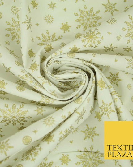Ivory Cream Gold Metallic Falling Snowflakes Printed 100% Cotton Fabric 4119
