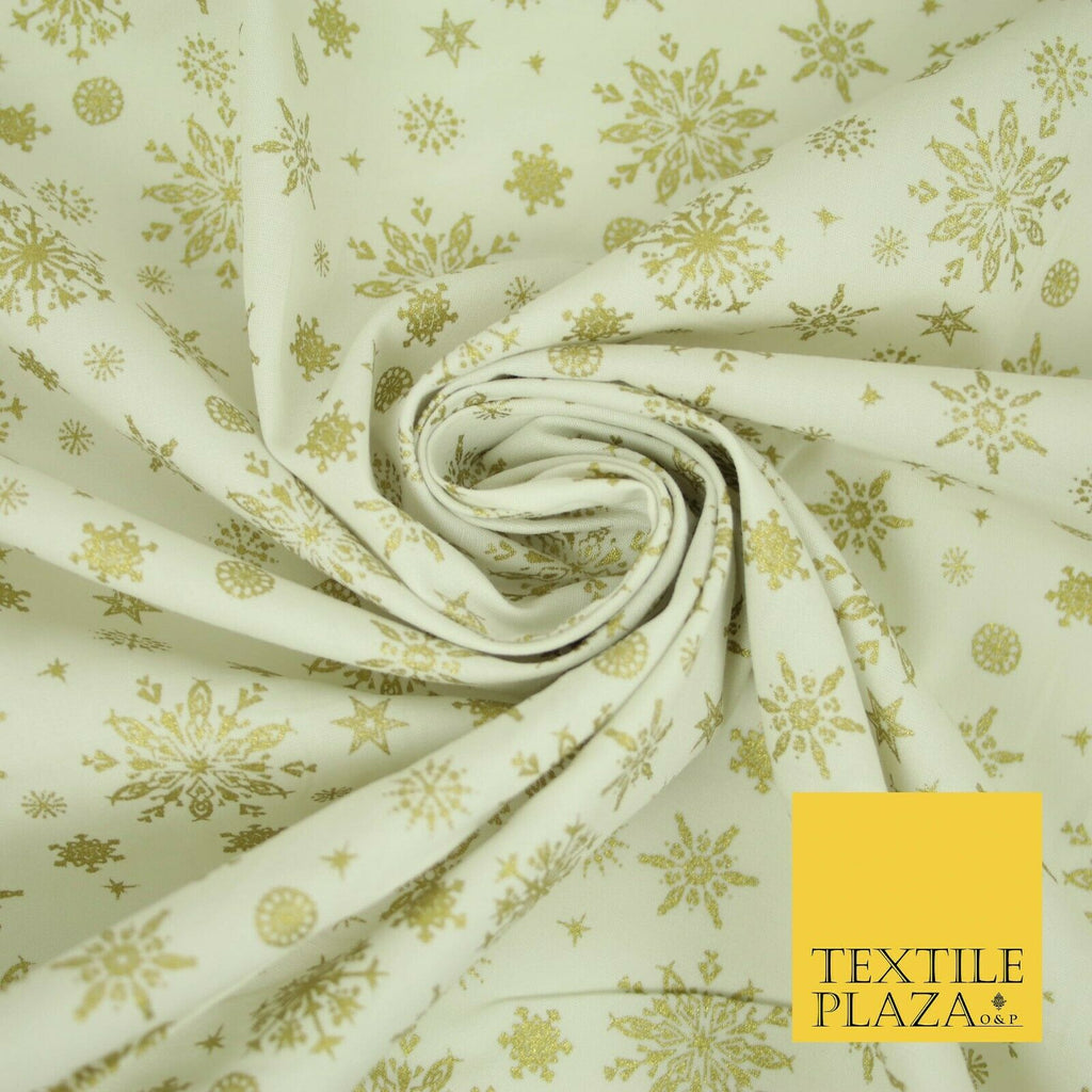 Ivory Cream Gold Metallic Falling Snowflakes Printed 100% Cotton Fabric 4119