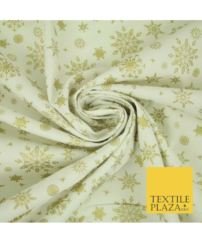 Ivory Cream Gold Metallic Falling Snowflakes Printed 100% Cotton Fabric 4119