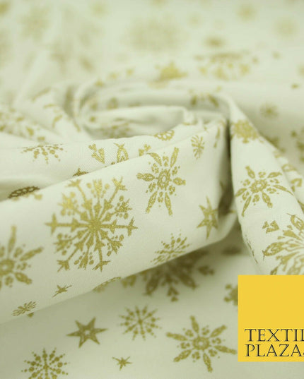 Ivory Cream Gold Metallic Falling Snowflakes Printed 100% Cotton Fabric 4119