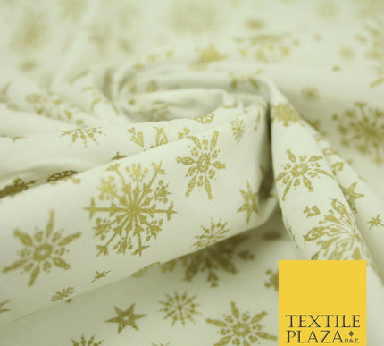 Ivory Cream Gold Metallic Falling Snowflakes Printed 100% Cotton Fabric 4119